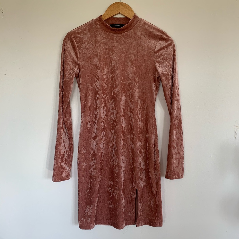 Velvet Bodycon Fitted Long Sleeve Pink/Dusty Rose Dress w/ Collar